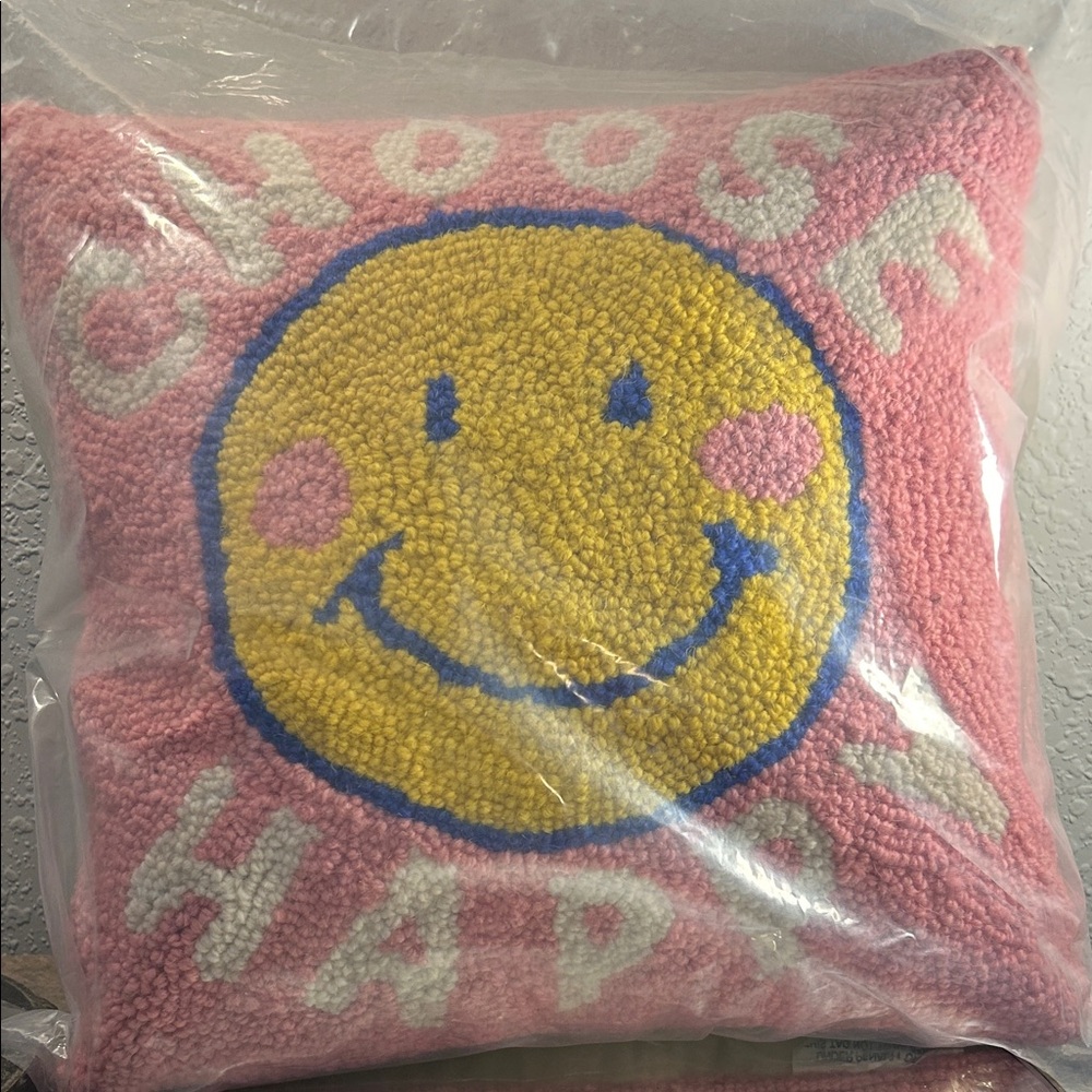 New Pink Smiley Face Hook Pillow Choose Happy Whimsical, Vibrant Vibe